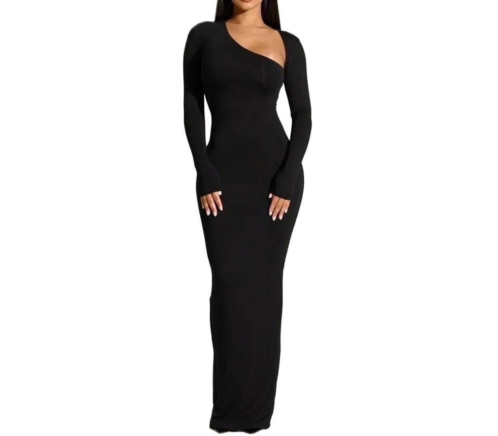 Sexy Black Evening Party Dress Women Elegant 2023 Fall Winter New Outfits Asymmetrical Long Sleeve Slit Maxi Dresses (Color : Black, Size : Medium)