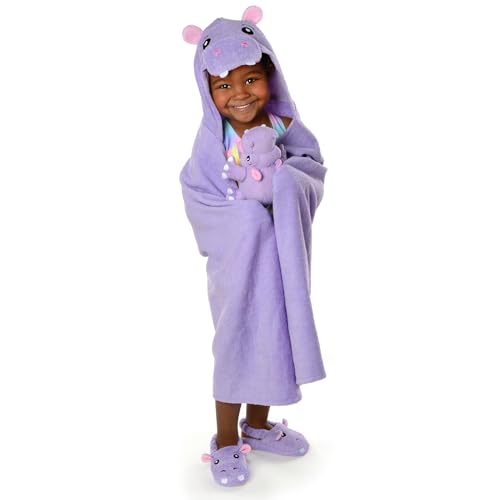 Image of SoapSox Hooded Towel & Slipper Set for Kids - Soft Cotton Towel w /Hand Pockets + Matching Slippers - 27x45 inch Gift Set