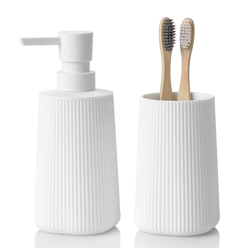 YAUKPH Bathroom Accessories Set 2 Piece Soap Dispenser and Toothbrush Holder for Bathroom Countertop Striped White