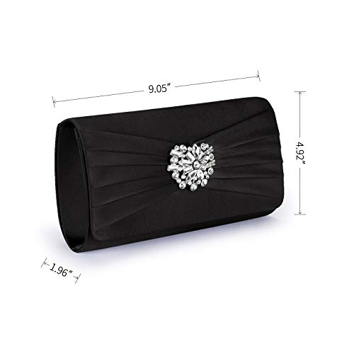 Image of Evening Bags For Women Pleated Satin Rhinestone Brooch Prom Clutch Purse With Detachable Chain Strap
