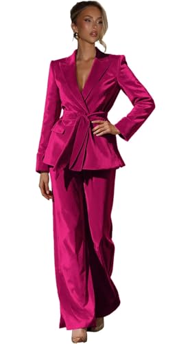 Winter Suits for Women Velvet Wedding Womens 2 Piece Outfits with Belt Hot Pink Long Sleeve Daily Business Suit Set Size Medium