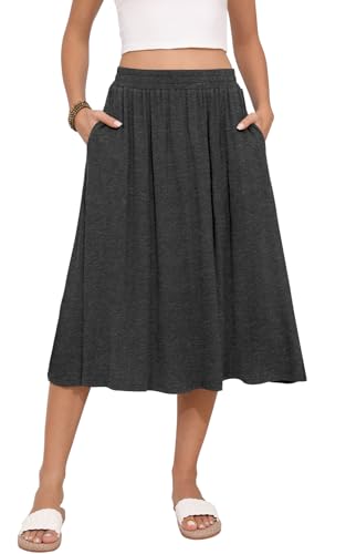 Image of MLXSJ Women's Midi Skirt Summer Flowy Casual Skirts with Pockets S-3XL | Elastic High Waisted