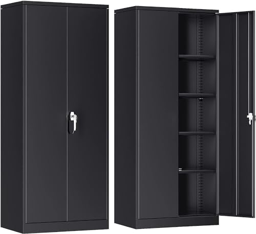 SUPEER Metal Storage Cabinet with 2 Door and 4 Adjustable Shelves,180CM Tall Steel Cabinet for Warehouse,Garage,Home,Office,Easy Assemble Required(Black)