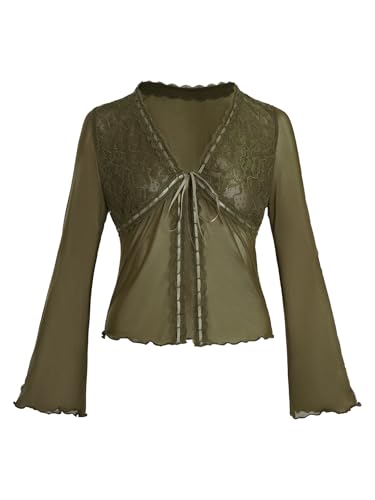 Image of Verdusa Women's Sheer Shrug Crop Top Long Sleeve Tie Front Lettuce Trim Mesh Open Cardigan Top Mesh Army Green X-Large