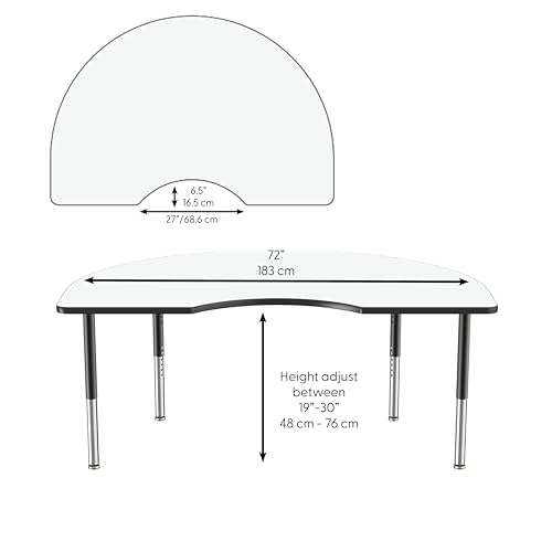 Image of FDP Dry-Erase Mobile Kidney Activity School and Office Table (48 x 72 inch), Super Legs w / Glides and Casters for Collaborative Spaces, Adjustable Height 19-30 inches - Whiteboard Top /Black Edge