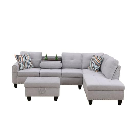 Image of L-Shaped 3-Piece Flannel Sofa with Ottoman, Sectional Couch Set for Living Room, Office, Apartment, with Cup Holder, Grey White