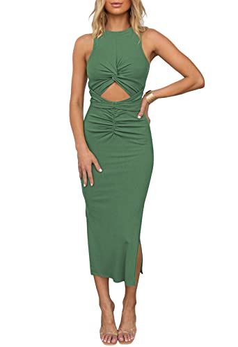 HUUSA Ruched Bodycon Dress for Women Elegant Sleeveless Crewneck Solid Pleated Cocktail Party Ribbed Split Skinny Midi Pencil Dresses with Belt Army Green XL