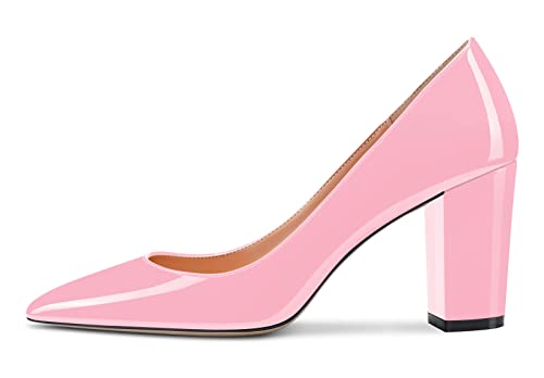 Image of Aachcol Women Pumps Pointed Toe Slip on Mid Heel Dress Office Chunky Block Heels Shoes 3 Inches