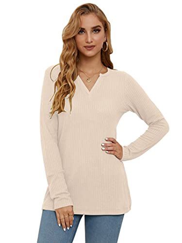 Auselily Women Top Long Sleeve Waffle Knit V-Neck Shirt Tunic Beige S #TOP2