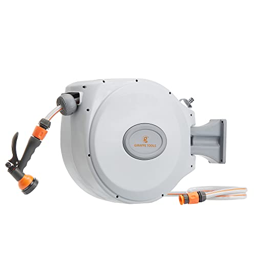 Giraffe Tools Enrouleur de tuyau mural 20 m + 2 m - Pivotant à 180° avec pistolet pulvérisateur multifonction et tuyau de raccordement Cover