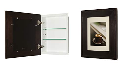 Image of 13x16 Concealed Picture Frame Medicine Cabinet Without Mirror for Bathroom, Recessed in The Wall, Made in North America, Real Wood, NO MDF, Adjustable Shelves, Coffee Bean