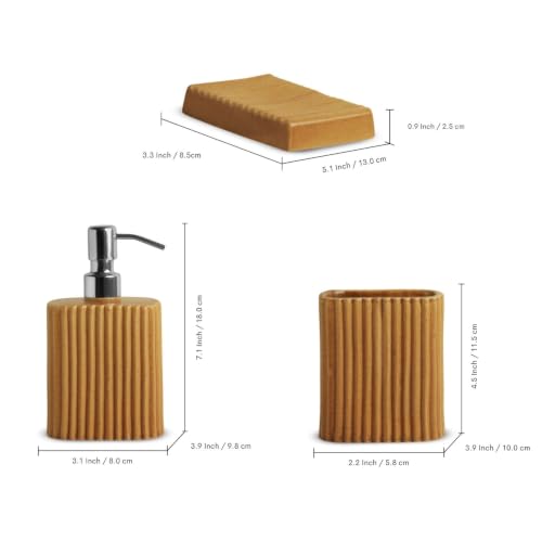 Image of ExclusiveLane 'Amber Flute' Ceramic Bathroom Accessories Set of 3 (Ceramic Liquid Soap Dispenser Set for Wash Basin, Paste & Toothbrush Holder, Soap Tray) |Hand-Carved |Bathroom Organiser Set