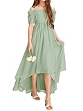Haloumoning Girls Cold Shoulder Dress A-line Asymmetrical Chiffon Junior Bridesmaid Birthday Party Dress Green