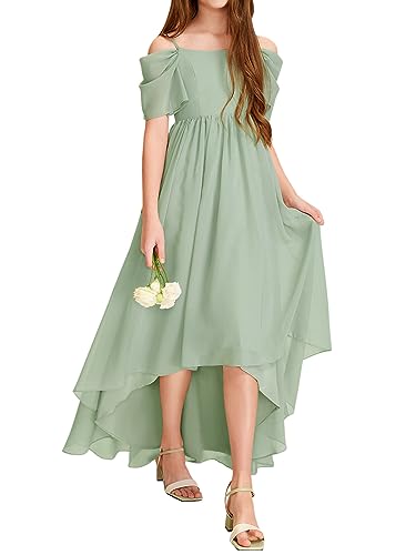 Haloumoning Girls Cold Shoulder Dress A-line Asymmetrical Chiffon Junior Bridesmaid Birthday Party Dress
