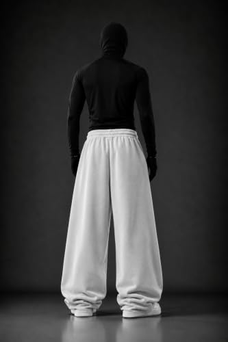 Image of Men's Grey Oversized Wide Leg Track Pants | 240 GSM Pure Cotton French Terry | Graphic Print | Baggy Relaxed Fit | Elastic Drawstring Waist | Casual Streetwear Sweatpants