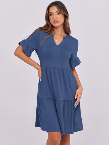 Image of ANRABESS Women's Summer Casual Dress, V-Neck Ruffle Sleeve Tiered Mini Dress, Soft Comfy Fabric with Pockets for All-Day Wear