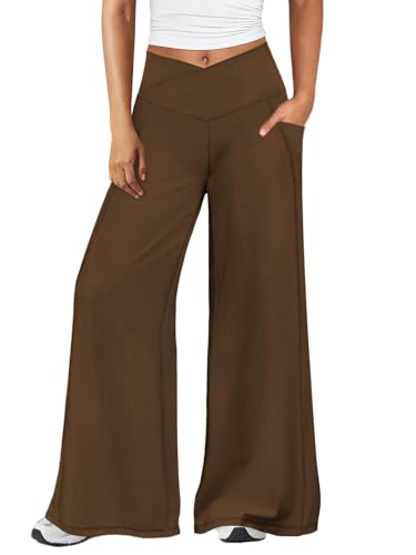 Hragc Womens Wide Leg Flare Leggings with Pockets Brown Workout