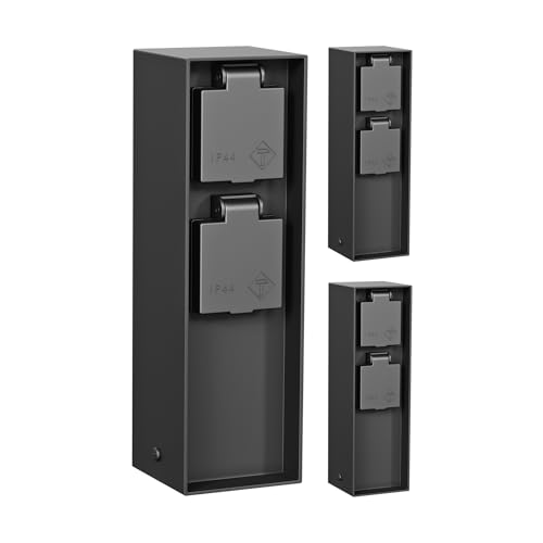 ledscom.de 3 pièces Colonne de Prises de Courant de Jardin POKU pour l'extérieur, IP44, 2X, Plastique, Noir, carré, 23 cm