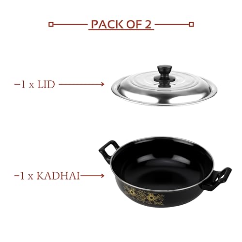 Image of My Store PTFE Non-Stick Kadhai with Lid (3.5 L) - Non Stick Cookwares for Kitchen - Kadhai with Steel Lid [Pack of 2]