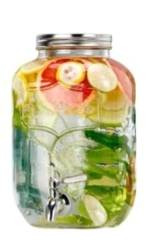 EVREFIN 飲料サーバー ガラス製ジャグ 製ディスペンサー ボトル収納ジャー 蛇口付き 大容量製ボトルラック 梅酒、ジュース、ビール容器に最適 密閉瓶 キッチン コーラバケツ 蛇口付き容器 製レモン (5L+ステンレス製蛇口)