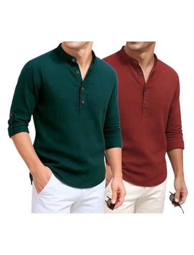 Image of DEEMOON Combo of Men's Cotton Blend Solid Regular Fit Full Sleeve Short Kurta | Men's Trendy Short Kurta Pack of 2 (Available in Plus Size & Combo Packs)