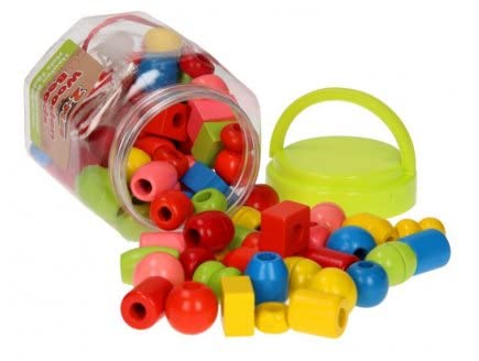 cavernedesjouets Baril 72 perles en bois a enfiler + 2 lacets - grosses perles a lacer enfant - couleurs et formes variees - set jeu creatif avec carte animal