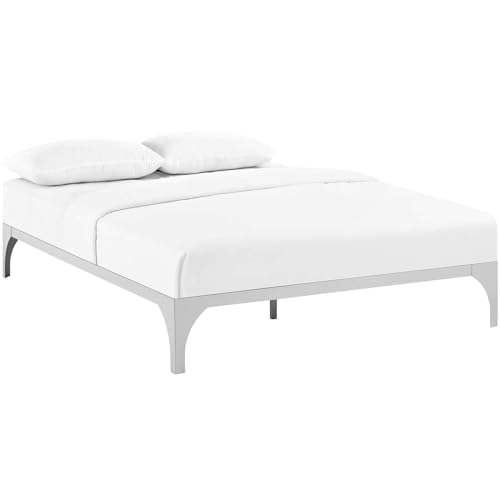 Modway Ollie Steel Modern Queen Platform Bed Frame Mattress Foundation with Slat Support in Silver