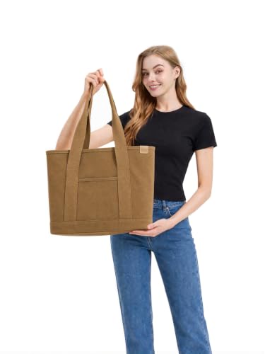 Image of TeeYee 16oz Canvas Tote Bag Casual Multi pockets Handbags Large Capacity Shopping Shoulder Bag with Pocket Bags Work Purses