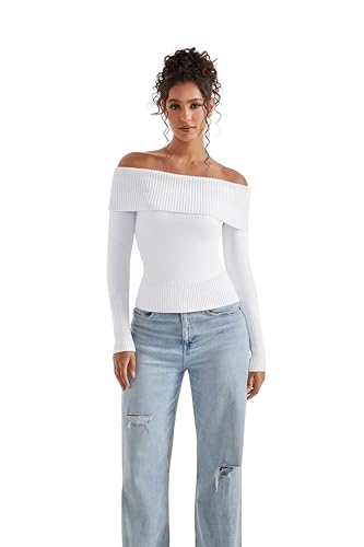 Image of SUUKSESS Women Off Shoulder Sweaters Long Sleeve Ribbed Knit Going Out Fall Tops Blouse