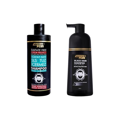 Softto Plus Champú para cabello negro 350 ml + champú de color sin sulfato 400 ml, para cubrir cabellos blancos y grises + protección de color