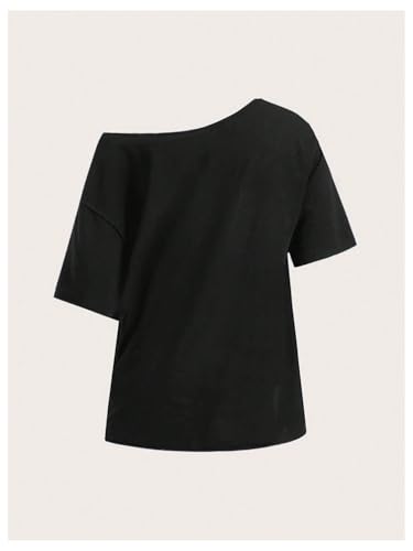 Women's Off The Shoulder Tops Preppy Letter Graphic Tees Summer Casual Short Sleeve Tshirts2