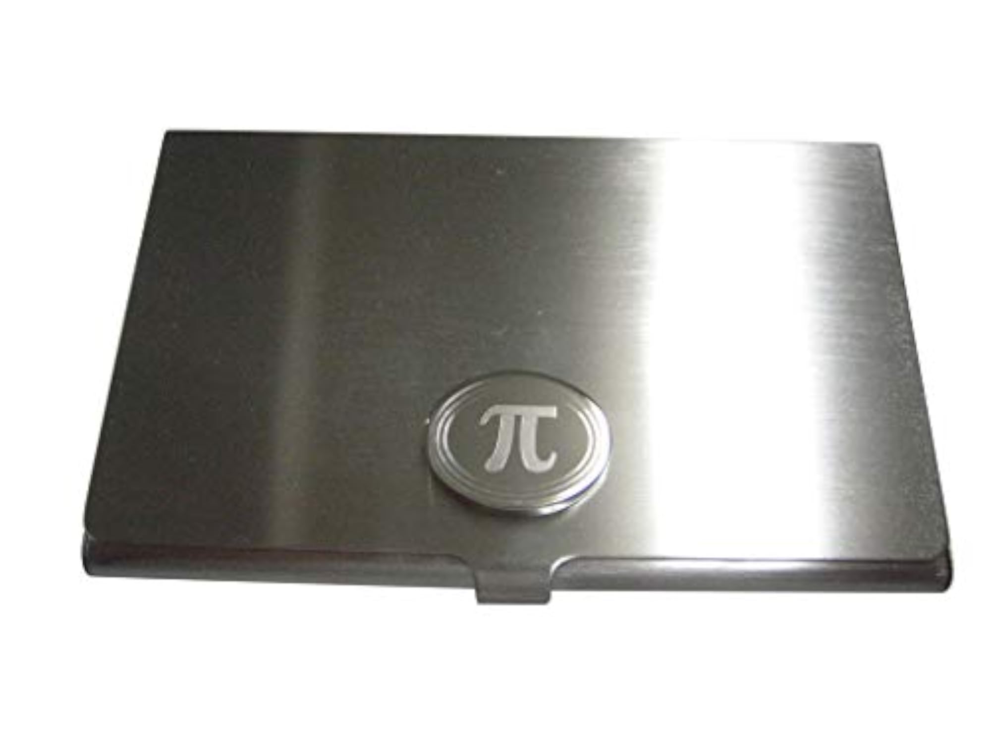 Silver Toned Etched Oval Mathematical Pi Symbol Business Card Holder