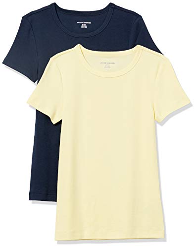 Amazon Essentials Women's 2-Pack Slim-Fit Short-Sleeve Crewneck T-Shirt, Yellow/Navy, Medium