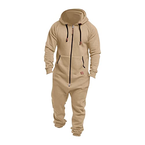 VERYPOPPA Hooded Jumpsuit for Men, Men's Hooded Jumpsuits Zip Up One Piece Playsuit Beige