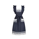 Aoomzoon Vintage Aprons for Women with Pockets Cute Lace Ruffle Adjustable Apron for Cooking Kitchen Baking Gardening (Navy Blue)