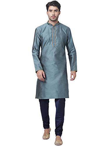 Image of VASTRAMAY Men's Aqua Cotton Silk Blend Kurta and Pyjama Set