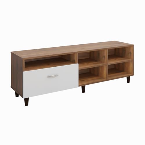 Image of VIKI Modern TV Unit for Living Room | Engineered Wood TV Cabinet with 1 Drawer Storage & 3 Open Shelves, Entertainment Unit, 140W x 48H x 40D cm | DIY | 1 Year Warranty (Walnut & White)