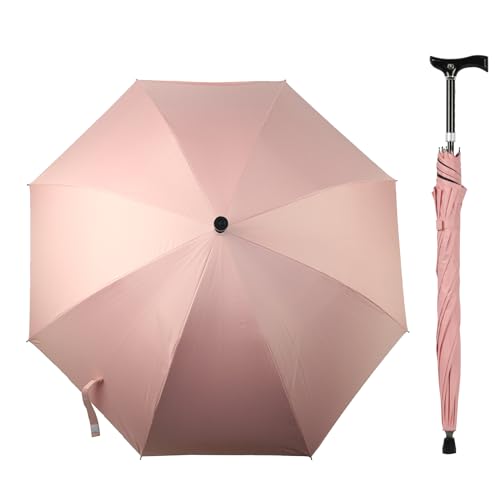 杖傘【F-SEASONS 高さ調整 ステッキ傘】 長さ可変式 ステッキ 傘 一脚杖 ワンタッチ 晴雨兼用 UVカット 遮熱効果 長傘 祖父母 プレゼント 杖 自動開 散歩 ハイキング 旅行 行列 運動会 シニア (ピンク)のサムネイル