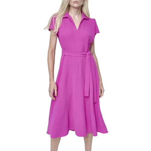 Image of DKNY Women's Short Sleeve Collared V-Neck Tie Waist Midi Dress