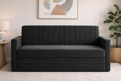 Image of Deco Studio-Sofa-Cum-Bed | 3 Seater Couch with Armrest Sofa | Modern Fabric Sofa for Living Room, Bedroom & Office Black Color