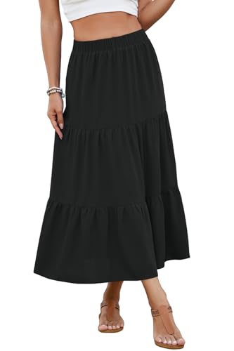 YSYOKOW Women's Boho Maxi Skirt with Pockets - Elastic High Waist Flowy Tiered A-Line Long Skirts for Summer Vacation 2026(Black, Large)