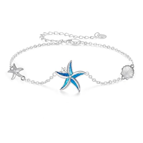 Image of Cuoka Starfish Bracelet 925 Sterling Silver with White Fire Opal Chain Bracelets Ocean Jewelry Birthday For Women