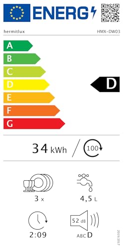 Hermitlux Mini Geschirrspüler, Spülmaschine für 4 Bestecksätze, 5 Liter Wassertank, Energieklasse F
