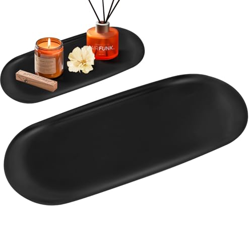GYHWOFUL Dekotablett Groß 32x12 cm, Ovale Deko Tablett, Edelstahl Schmuck Tablett, Serviertablett, Ablageschale, Einfache Moderne Dekoration, Schwarz