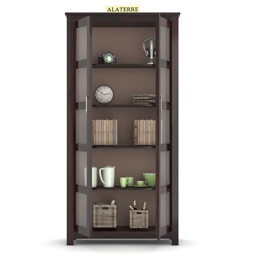 Image of Book Shelf, Wood Book Shelf with Glass Door || Wooden Bookcases for Home Library || Kitchen Crockery Cabinet Storage, Book Rack, Shelves, Book Shelf Walnut Finish