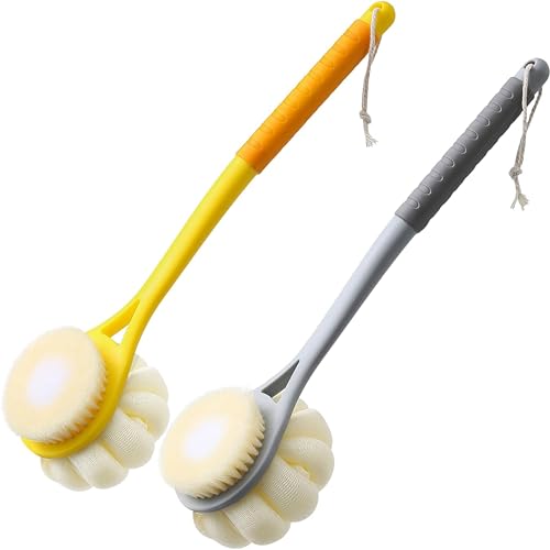 AARAINBOW Back Brush Long Handle for Shower 2 Packs Loofah Back Scrubber Long Handled Spong Bath Brush Shower Sponge Body Brush with Soft Bath Loofah Massage Bristles (B-Gray+Yellow)