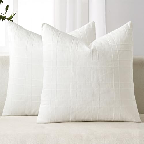 Image of MIULEE Decorative Linen Check Euro Shams Throw Pillow Covers Neutral Farmhouse Vintage Pillow Covers 26x26 Set of 2 Boho Modern Home Decor for Sofa Couch Bedroom Cushion Cream White
