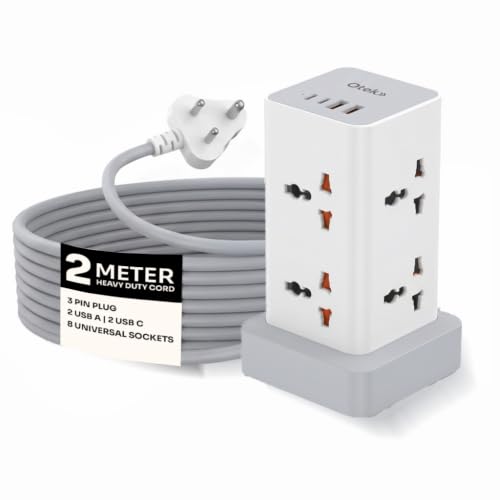 Image of OTEK Extension Board with 8 Universal Sockets 2 USB & 2 Type C Ports 2 Meter Cord 2500W 10A Surge Protector Master Switch Safety Shutter Multiplug Power Strip for Home Office White