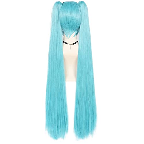Joneting Cyan Blue Wig Cosplay For Women Long Straight Wigs With Ponytails Synthetic Hair Wigs For Anime Cospaly Peluca Azul Pigtail Wig For Halloween Party Wigs For Girls Costume #TOP4