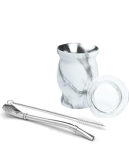 LBOYLOVE Yerba Mate Cup and Bombilla Set - Stainless Steel Double Wall Cup, Straw Brush, Easy to Clean, 230 ML (Marble)